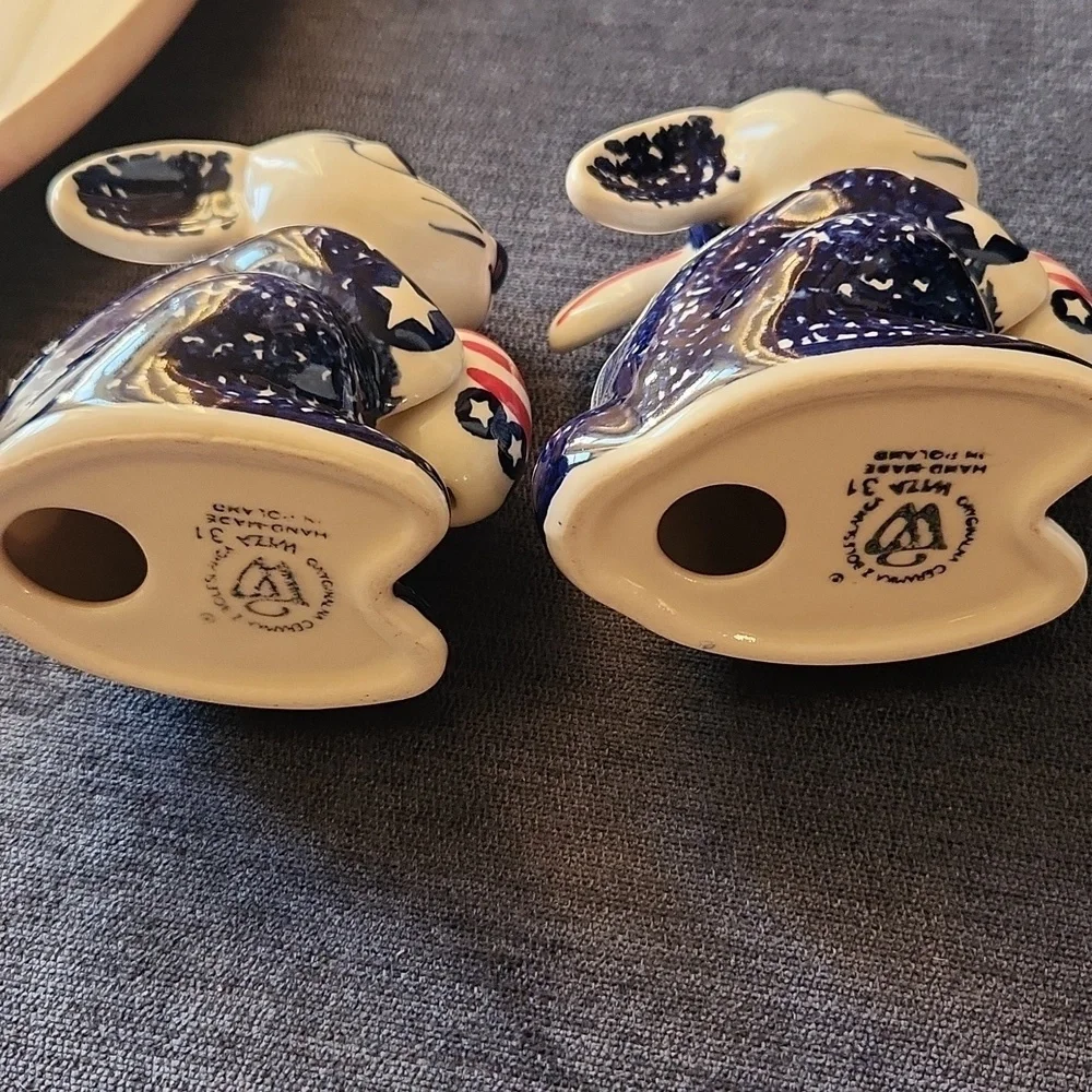 Lot of 2 Boleslawiec Ceramika Bunny Rabbit Patriotic USA Polish Figurine